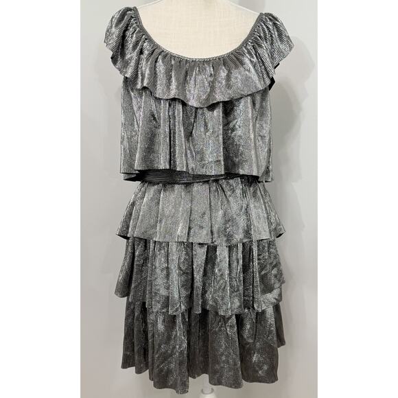 NEW Michael Kors Mini Dress Tiered Ruffle Metallic Silver Holiday Party S Small - Picture 1 of 3